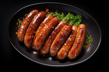 Top view of Bockwurst sausages on a black plate