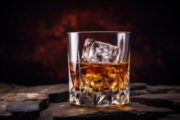Whiskey glass with ice on rusty background