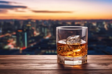Whiskey on wooden table with city view