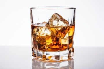 Whisky and ice in a glass on white background