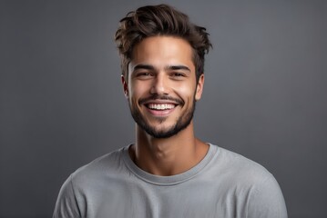 Young man displaying vibrant health, smiling with perfect white teeth on gray background