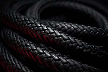 Black snake skin like cable Black braided wires in bundle on black background Wire sleeve for data...