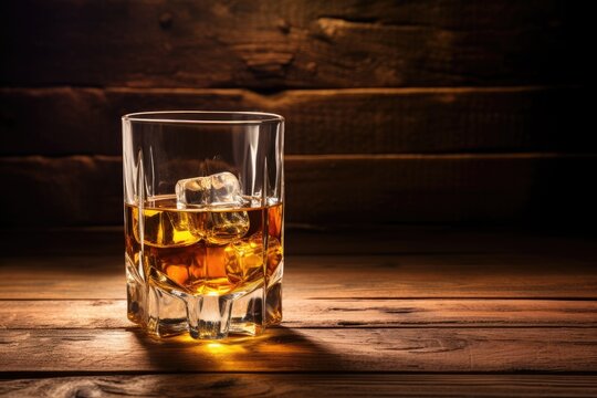 Whiskey on wooden table with glass