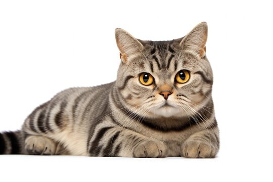 Black silver tabby British Shorthair cat lying down isolated on white looking straight into the camera