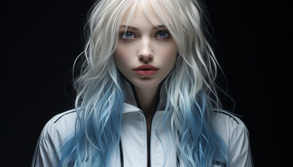 Fototapeta premium Beautiful blond woman with blue eyes exudes elegance and sensuality generated by AI