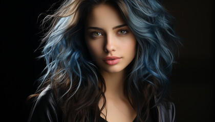 Naklejka premium Beautiful young woman with long brown hair looking at camera generated by AI