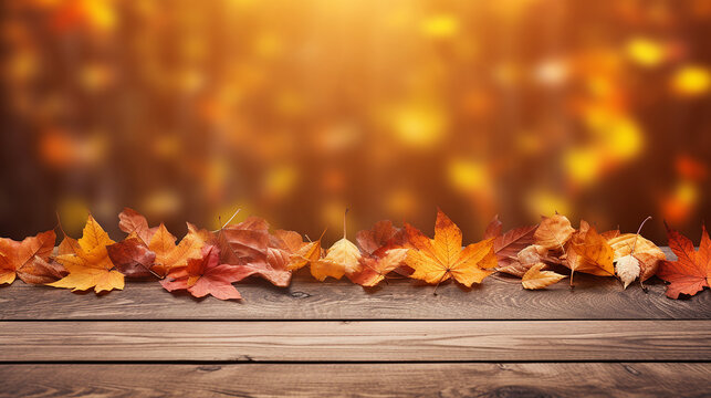 wooden table with orange autumn leaves background