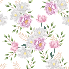 Fotobehang Purple Peony and White Jasmine Watercolor Flower Seamless Pattern © Choirun Nisa