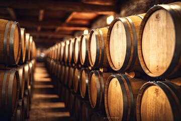 Wooden barrels in a winery cellar perspective of wine vaults vintage oak barrels for craft beer or brandy