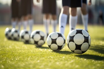 Youth soccer training with players practicing on field and standing in a row with black and white balls