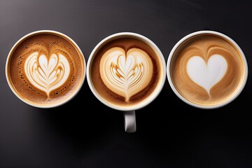 3 coffee styles for lovers heart shape love symbol on black cup lover sign on Latte Cappuccino...