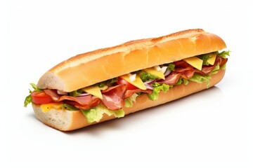Large baguette sandwich with bacon cheddar cheese mustard lettuce and vegetables isolated on a white background
