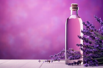 Lavender hydrolat in glass bottle with flowers on podium aromatherapy concept