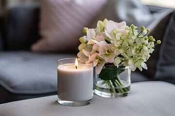 Luxurious scented candle displayed on a white marble table in a living room with a bouquet of flowers creating a romantic and relaxing ambiance with a grey sof
