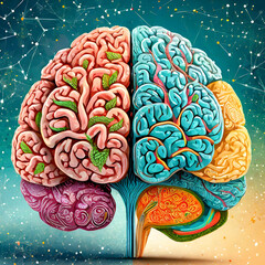 Human brain creative concept art with vibrant colors and geometrical background 