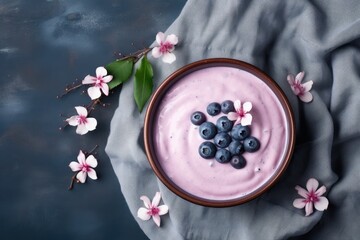 Obraz na płótnie Canvas Blueberries and yogurt in a brown bowl texture of pink nature yogurt viewed from above