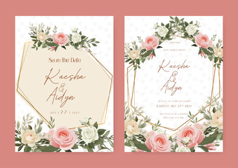 Beige white and pink rose luxury wedding invitation with golden line art flower and botanical leaves, shapes, watercolor. Wedding invitation floral watercolor card background