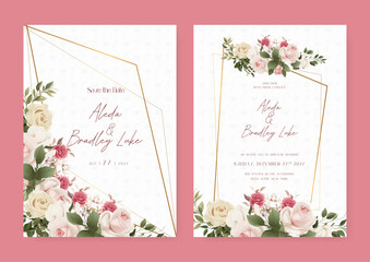 Beige white and pink rose wedding invitation card template with flower and floral watercolor texture vector. Wedding invitation floral watercolor card background
