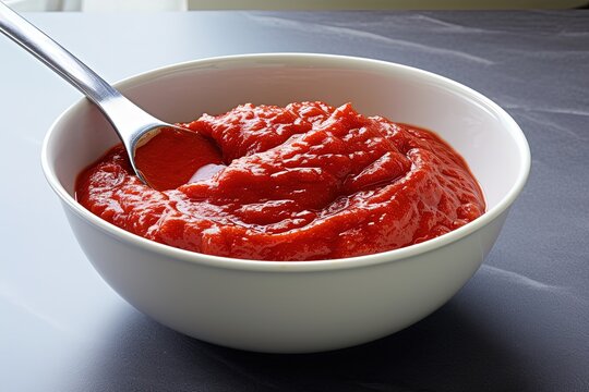 Measured tablespoon of tomato paste in white bowl