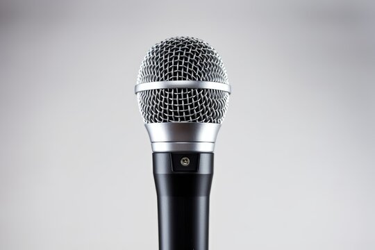 Metallic toned microphone in shallow depth of field on white background