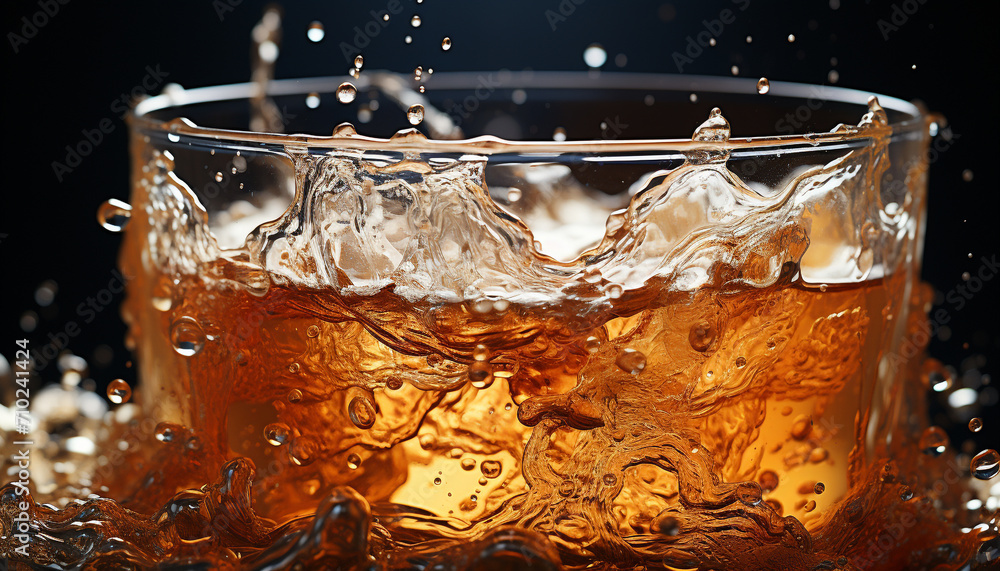 Poster refreshing drink pouring into glass, creating splashing motion generated by ai