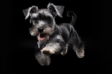 Miniature Schnauzer puppy posing on black background displaying joy and playfulness for an ad