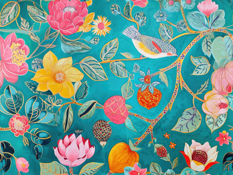 Poetic Classic and Hand Painted Retro Vintage Style Fine Art canvas for wallpaper and background with Colorful Peacocks, birds, Flowers and plants, Nature-inspired and floral botanical, ornamental