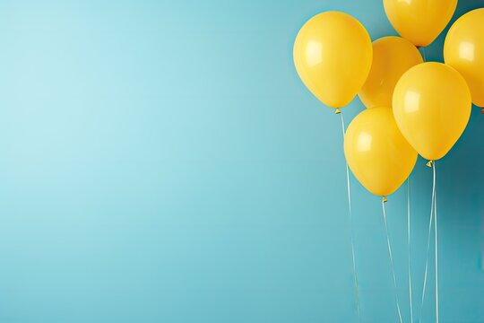 Minimalistic concept with blue balloons in yellow pastel room studio