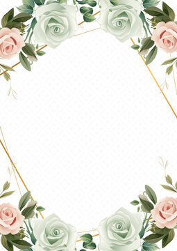Beige white and green vector frame with foliage pattern background with flora and flower
