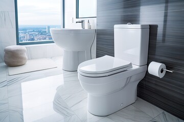 Modern bathroom with white toilet - obrazy, fototapety, plakaty