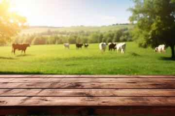 Blurry green meadow cows and morning light as background on empty wooden table top