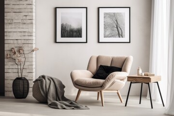 Modern Scandinavian living room with design armchair black poster frame commode wooden stool book decoration loft wall and personal accessories in stylish home