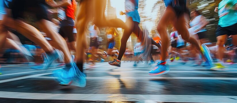 Blurred legs of runners in urban marathon.