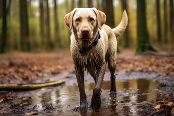 Muddy dog in fall surroundings with stick walking on forest path
