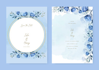 Blue rose wedding invitation card template with flower and floral watercolor texture vector. Wedding invitation floral watercolor card background