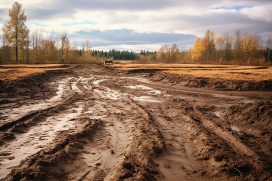 Muddy autumn field with wheel tracks cloudy off road terrain