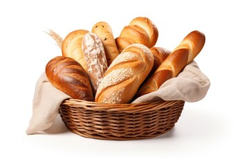 Bread assortment in a rustic basket on a white background Includes rolls baguette sweet bun croissant and bagel