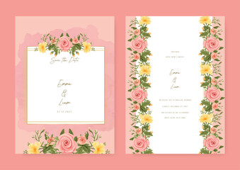 Pink and yellow rose modern wedding invitation template with floral and flower. Wedding invitation floral watercolor card background
