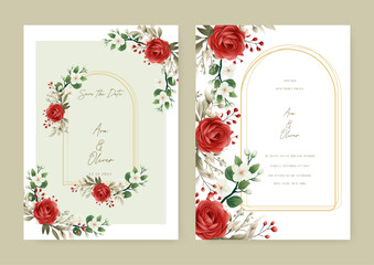 White and red rose luxury wedding invitation with golden line art flower and botanical leaves, shapes, watercolor. Wedding invitation floral watercolor card background