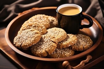 Oatmeal sesame and flax seed diet biscuits served with coffee on a wooden tray for breakfast