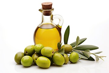 Olive oil bottle and green olives isolated on white