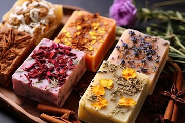 Naklejka na ściany i meble Organic handmade soap bars with plants spices and flowers from nature