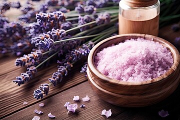 Obraz na płótnie Canvas Organic lavender SPA cosmetics displayed with bath salt spa products and lavender flowers on a wooden background Emphasizing skin care and beauty treatment