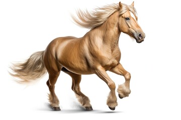 Palomino horse galloping freely long mane flowing against a white background
