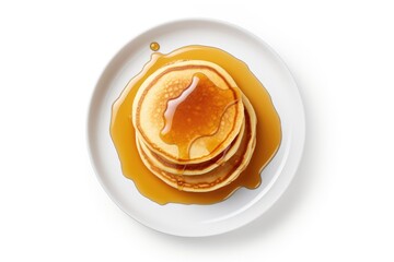 Pancakes and maple syrup on white background from above - obrazy, fototapety, plakaty