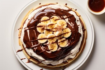 Pancakes topped with nutella and banana breakfast with chocolate spread
