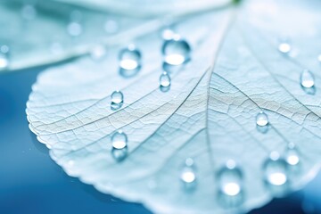 Bright expressive artistic image of a white transparent leaf with beautiful texture on a turquoise abstract background with water dew drops and circular bokeh