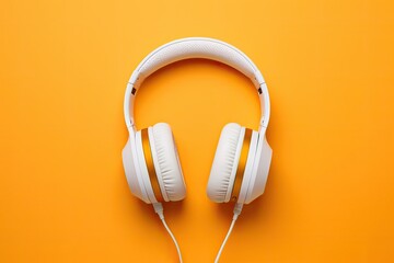 Podcasting idea headphones and microphone on orange backdrop