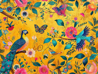 Vintage Hand drawn and Hand Painted Retro Vintage Style Fine Art canvas for wallpaper and background with Colorful Peacocks, birds, Flowers and plants, Nature-inspired and floral botanical, ornamental