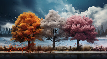 Illustration trees painted in a landscape.